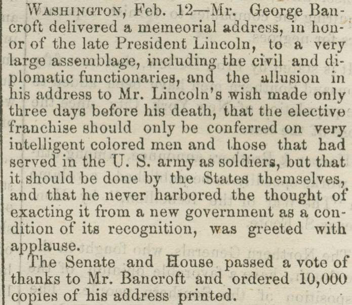 Brief news item about the memorial address delivered by Bancroft